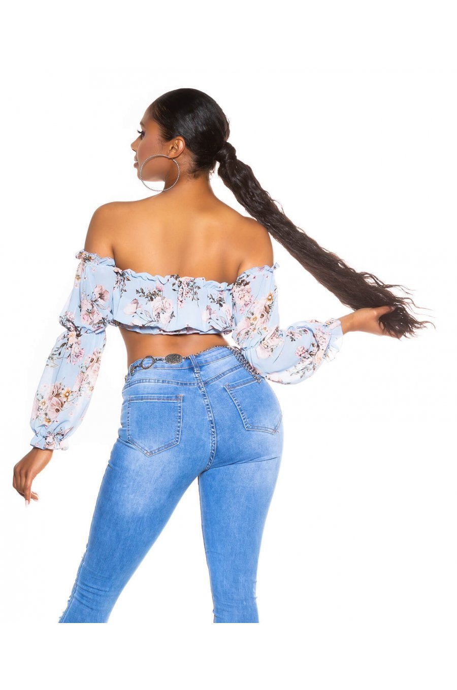 Top dama floral scurt cu umerii goi bleu Creolla 2 - jojofashion.ro