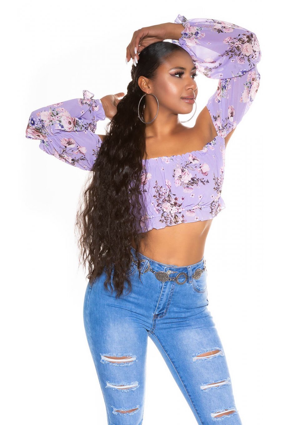 Top dama floral scurt cu umerii goi lila Creolla 3 - jojofashion.ro