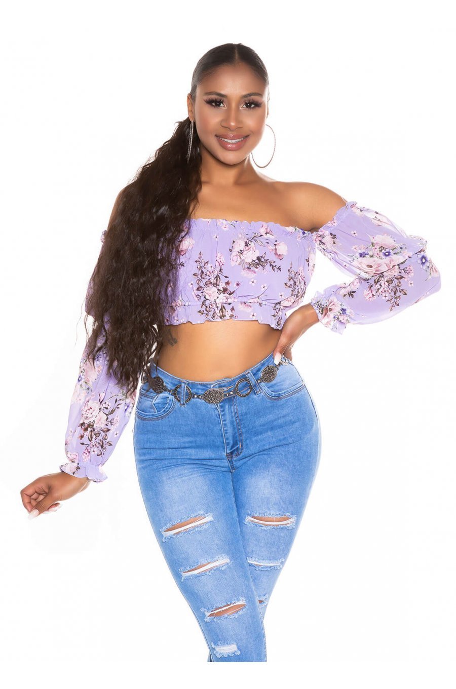 Top dama floral scurt cu umerii goi lila Creolla 1 - jojofashion.ro