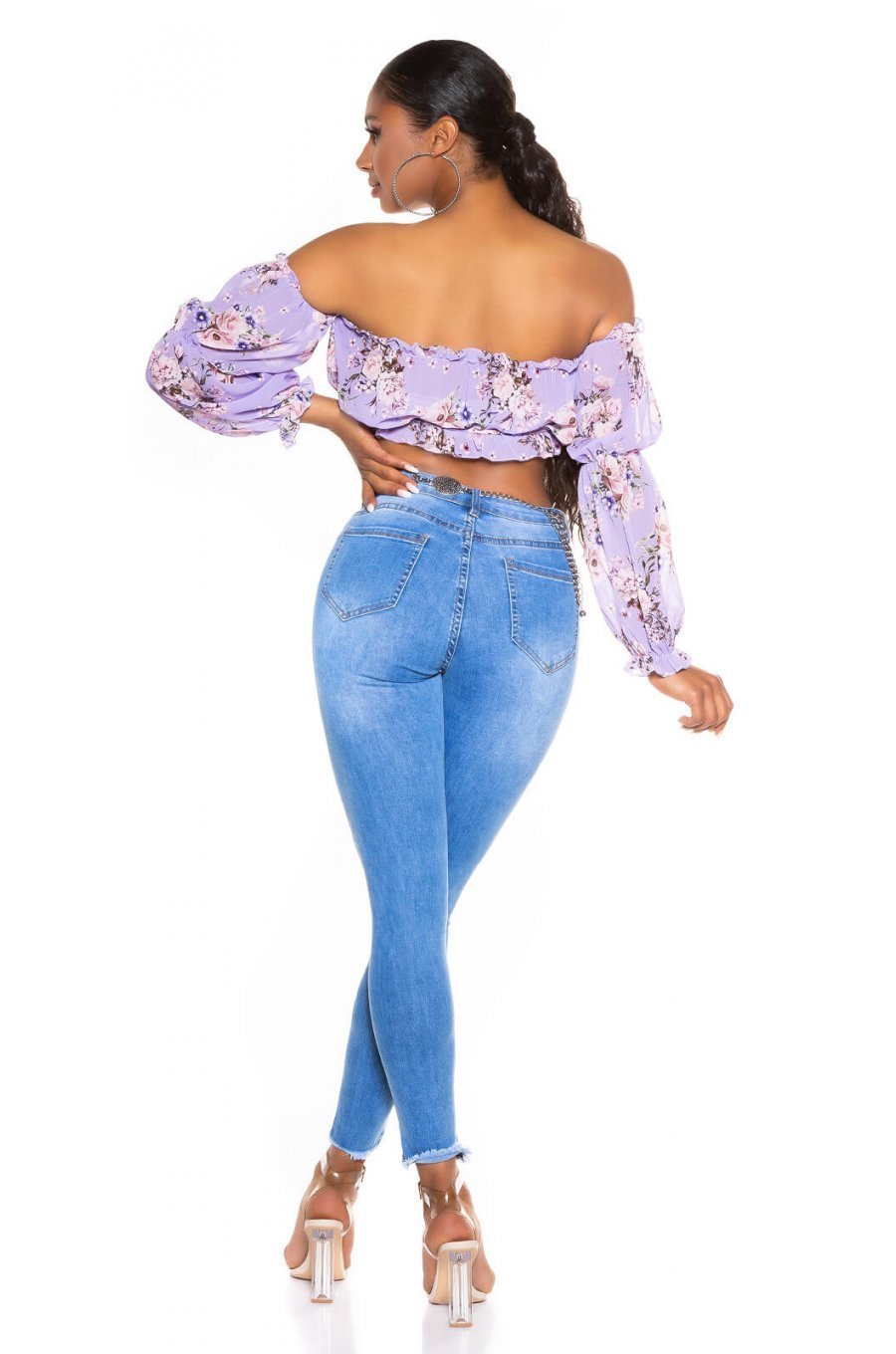 Top dama floral scurt cu umerii goi lila Creolla 4 - jojofashion.ro