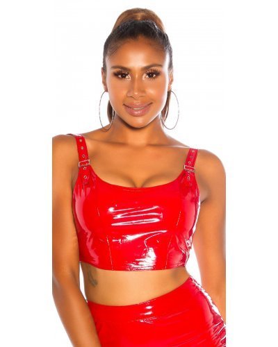 Top lucios din latex rosu cu catarame Pamela - jojofashion.ro