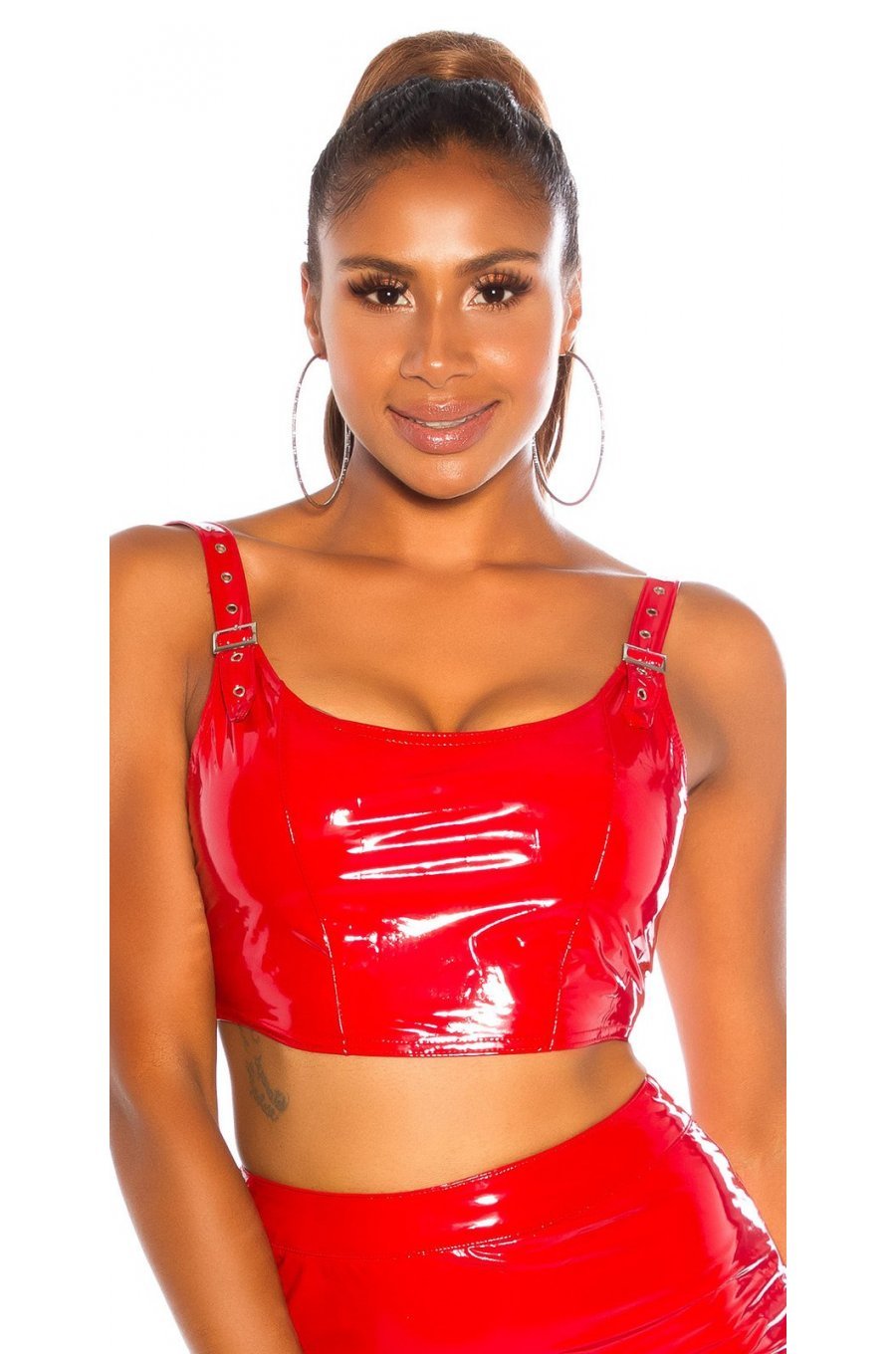 Top lucios din latex rosu cu catarame Pamela 1 - jojofashion.ro