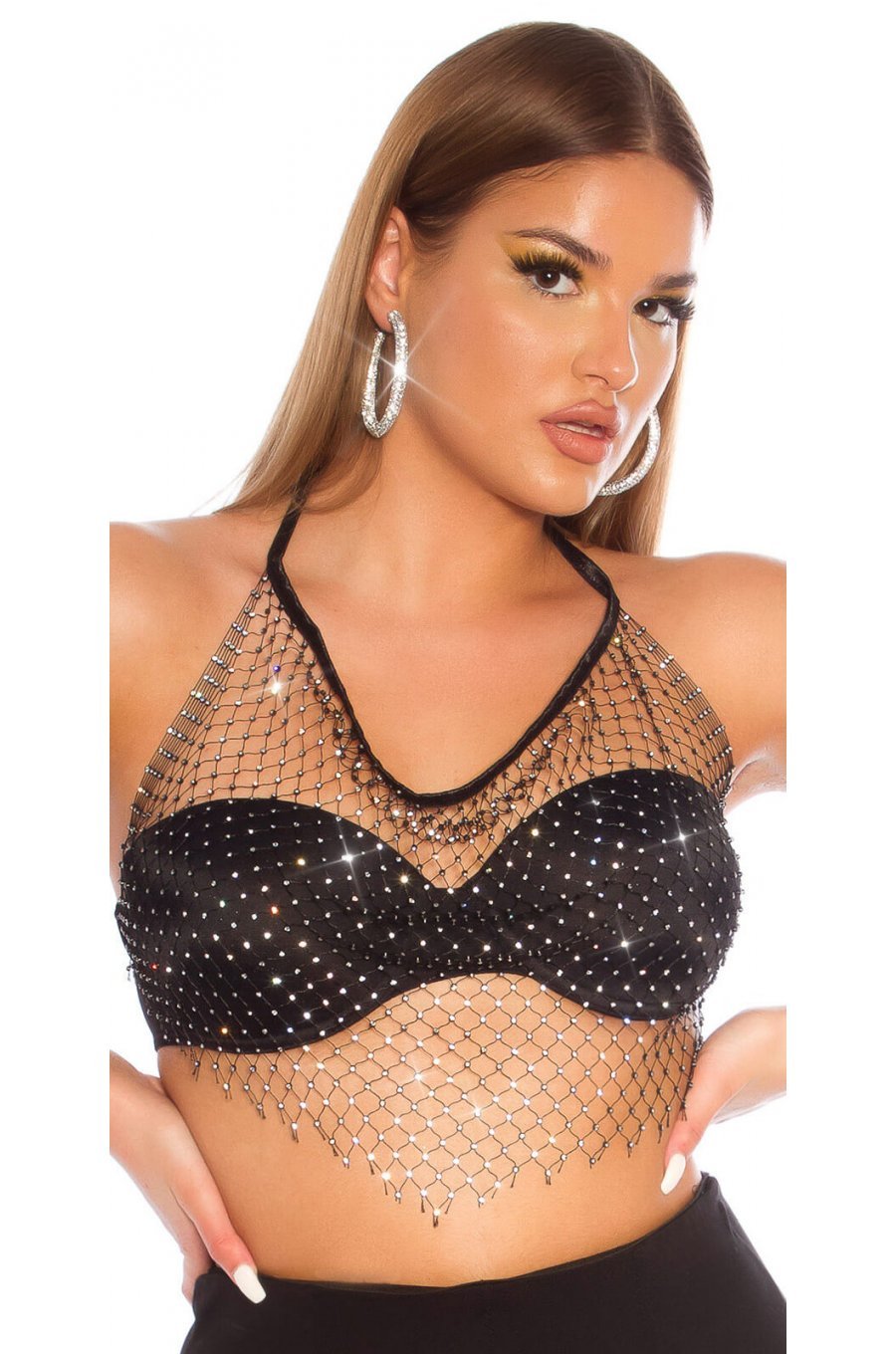 Top dama plasa neagra cu ochiuri mari si pietricele Micaela 2 - jojofashion.ro
