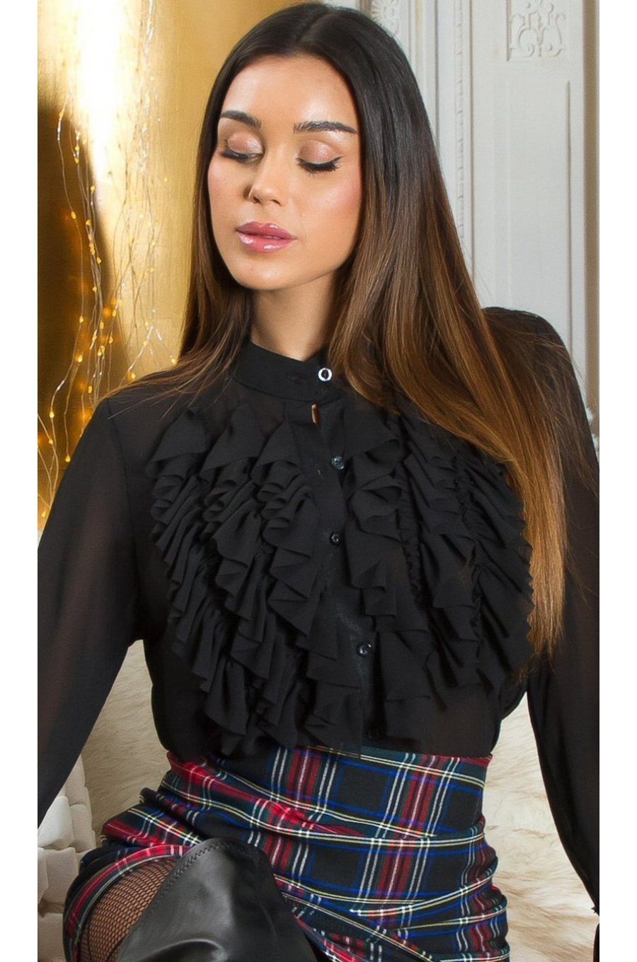 Bluza dama, neagra, cu volane pe bust si maneca lunga, Azucena 1 - jojofashion.ro