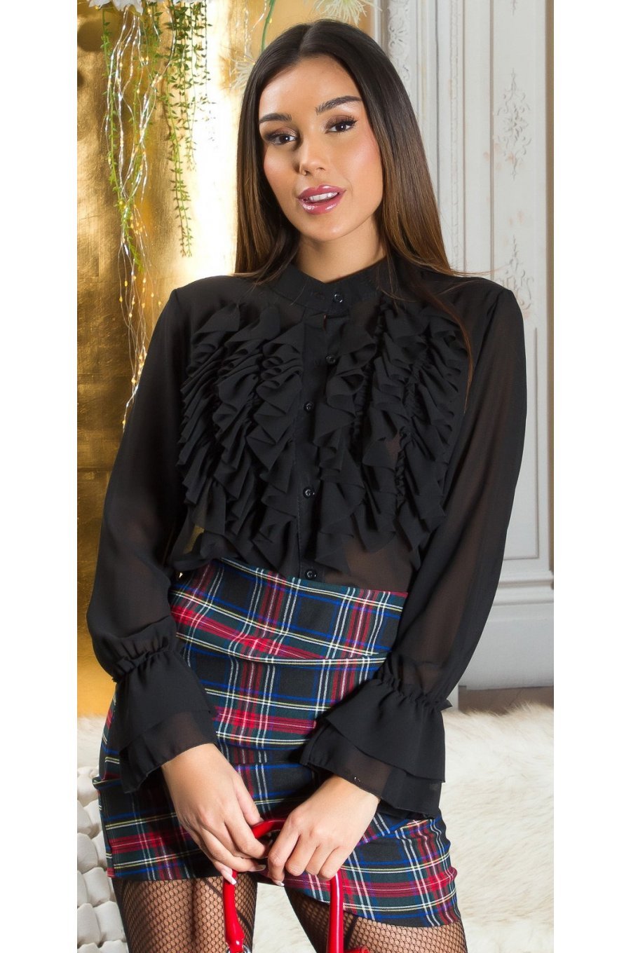Bluza dama, neagra, cu volane pe bust si maneca lunga, Azucena 3 - jojofashion.ro