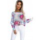 Bluza dama casual, din acryl, ecru cu print bleu si roz, Heart 2 - jojofashion.ro