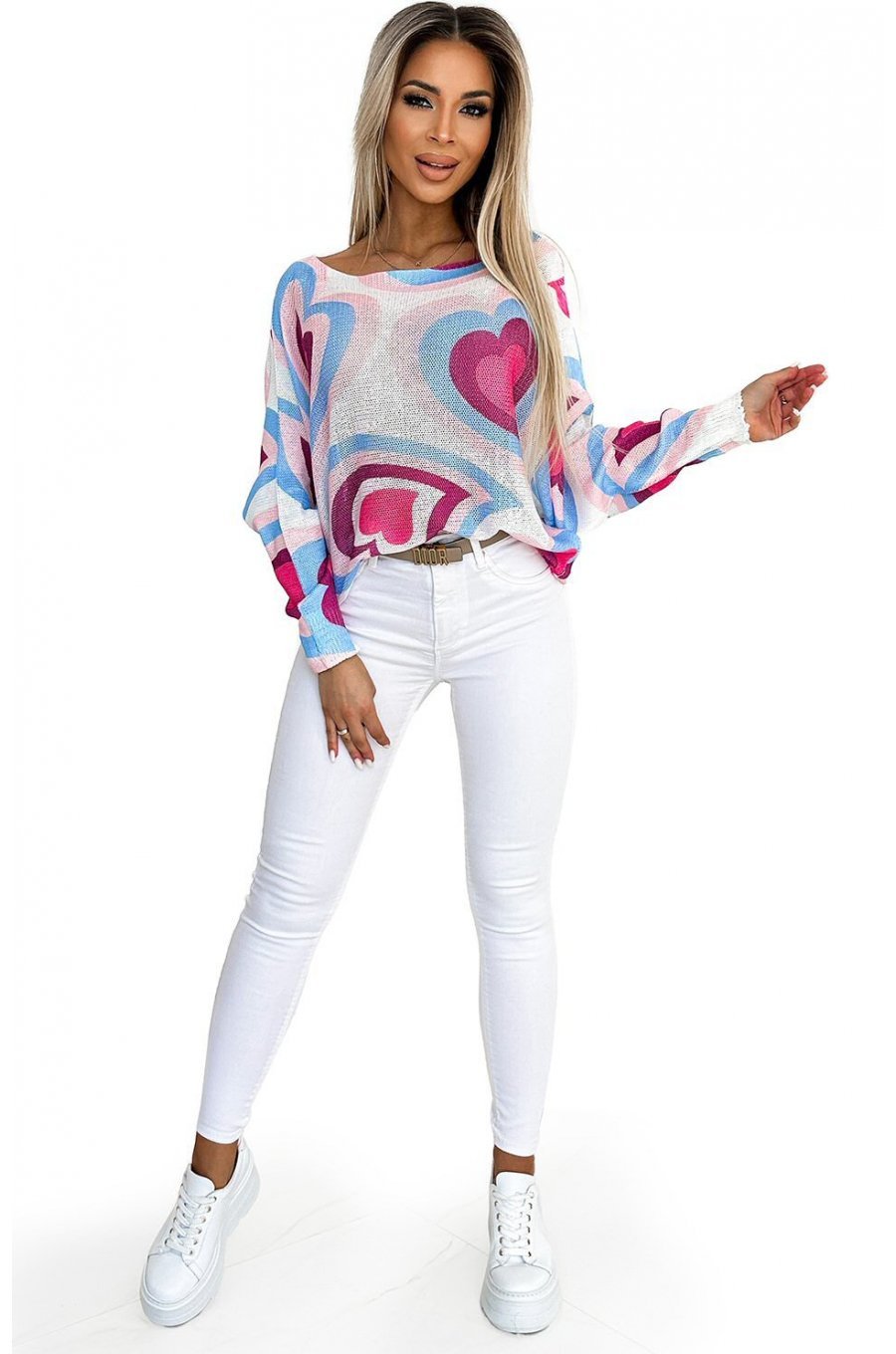 Bluza dama casual, din acryl, ecru cu print bleu si roz, Heart 2 - jojofashion.ro