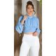 Bluza dama crop, eleganta, din vascoza bleu, cu maneca lunga, Camelia 2 - jojofashion.ro