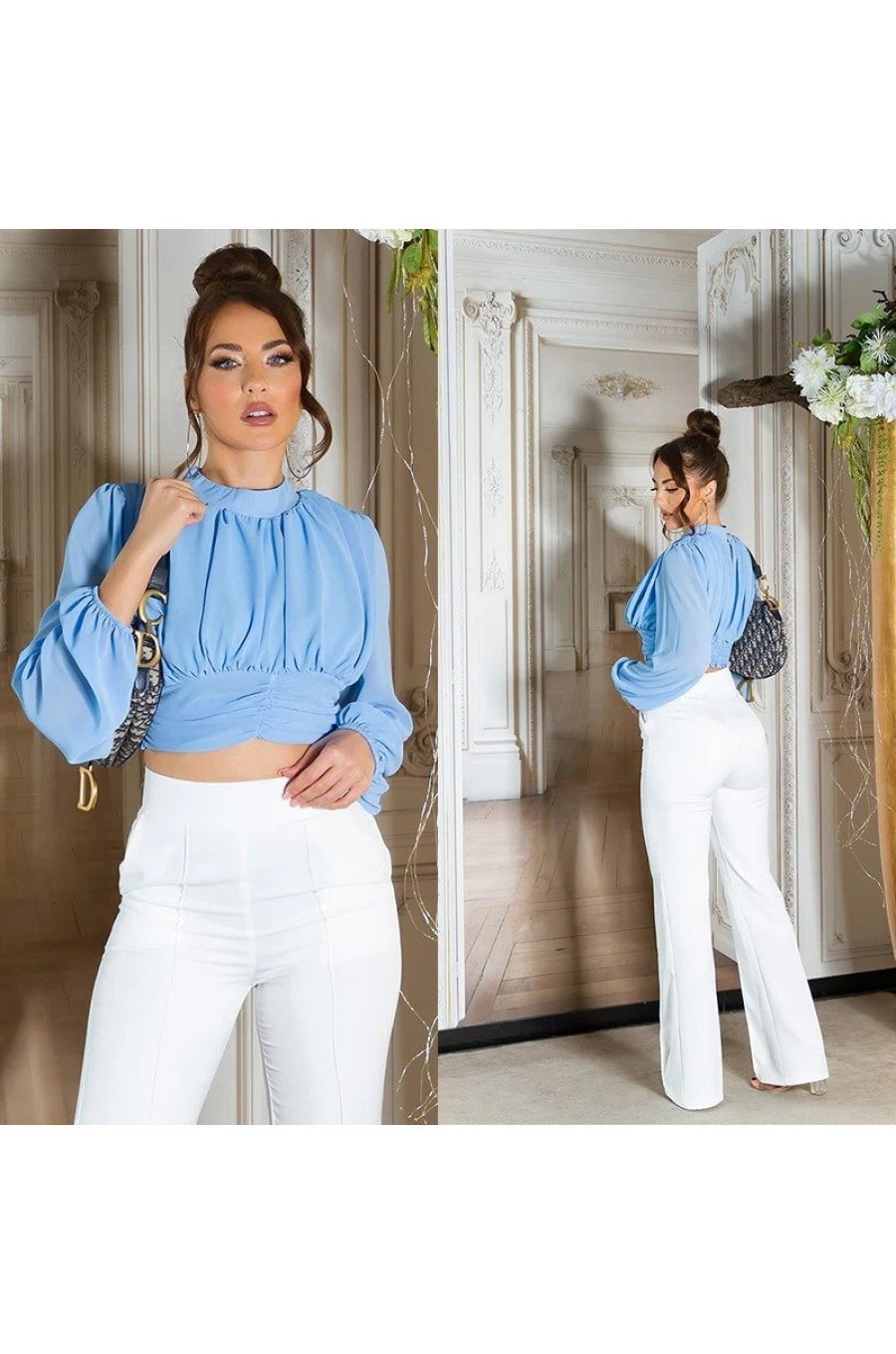 Bluza dama crop, eleganta, din vascoza bleu, cu maneca lunga, Camelia 3 - jojofashion.ro