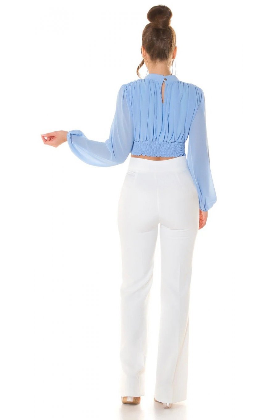 Bluza dama crop, eleganta, din vascoza bleu, cu maneca lunga, Camelia 5 - jojofashion.ro