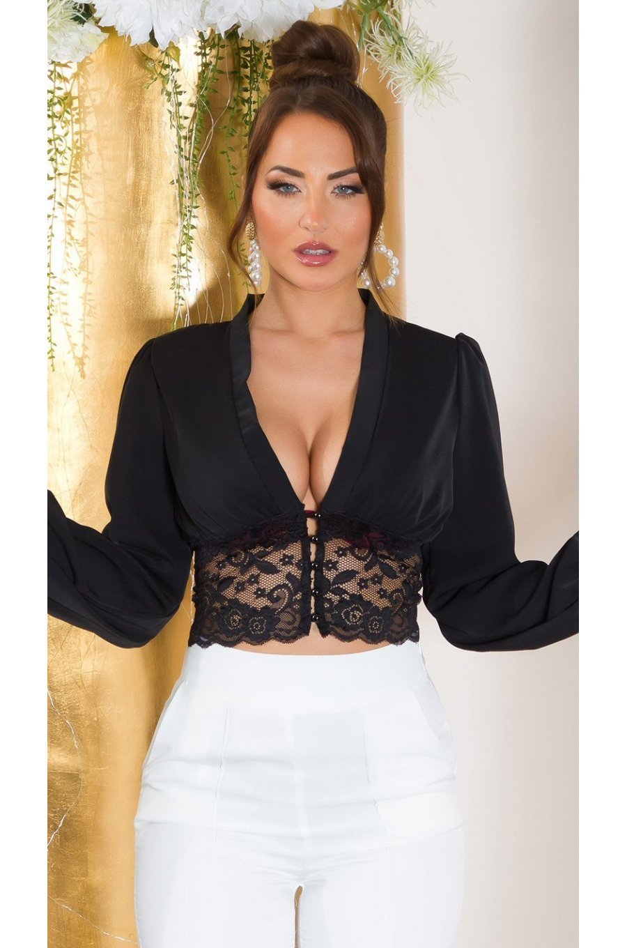Bluza dama crop eleganta neagra, cu dantela si maneca lunga, Ami 1 - jojofashion.ro