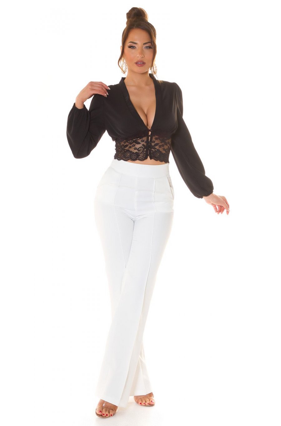 Bluza dama crop eleganta neagra, cu dantela si maneca lunga, Ami 3 - jojofashion.ro