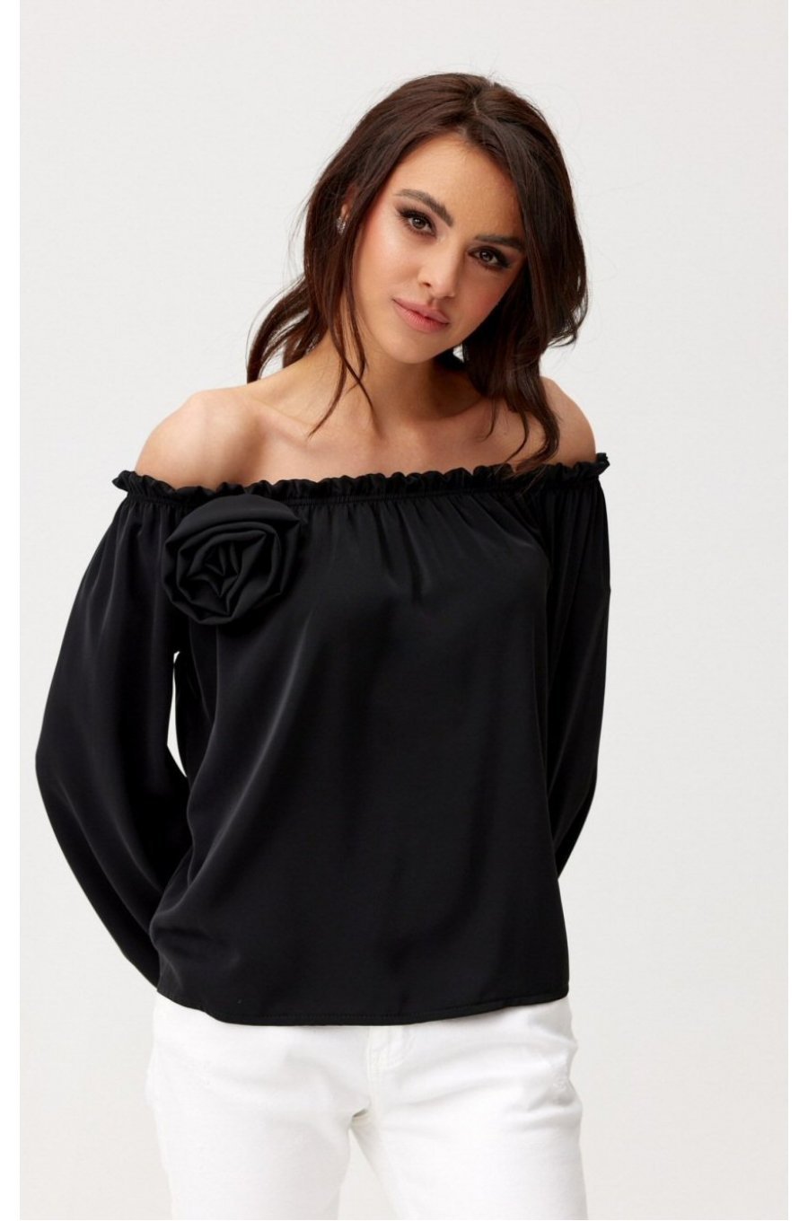 Bluza dama cu floare, din satin, neagra, cu umerii goi si maneca lunga, RosieR 1 - jojofashion.ro