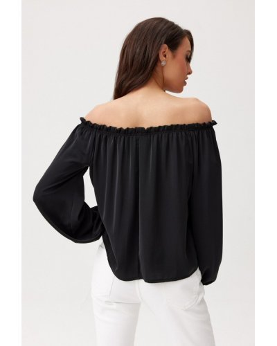 Bluza dama cu floare, din satin, neagra, cu umerii goi si maneca lunga, RosieR Bluze dama, Bluza dama cu floare, din satin, neagra, cu umerii goi si maneca lunga, RosieR - jojofashion.ro