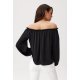 Bluza dama cu floare, din satin, neagra, cu umerii goi si maneca lunga, RosieR 3 - jojofashion.ro