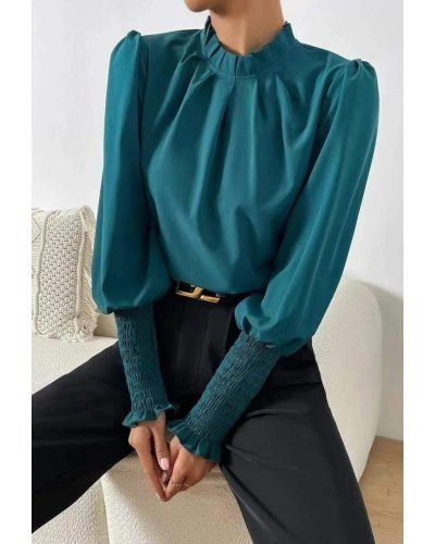Bluza dama eleganta din voal turcoaz, cu maneca lunga, Fabia Bluze dama, Bluza dama eleganta din voal turcoaz, cu maneca lunga, Fabia - jojofashion.ro