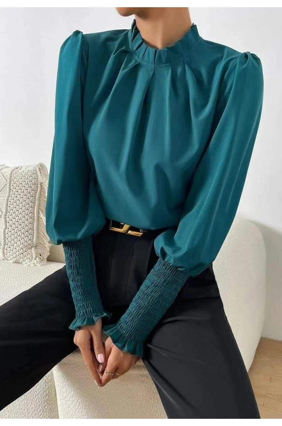 Bluza dama eleganta din voal turcoaz, cu maneca lunga, Fabia Bluza dama eleganta din voal turcoaz, cu maneca lunga, Fabia 1 - jojofashion.ro