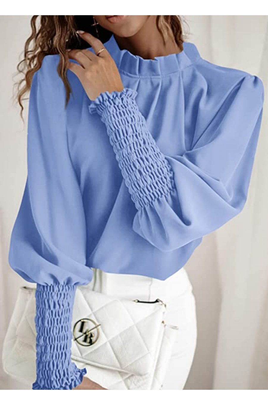 Bluza dama eleganta din voal bleu, cu maneca lunga, Fabia 1 - jojofashion.ro