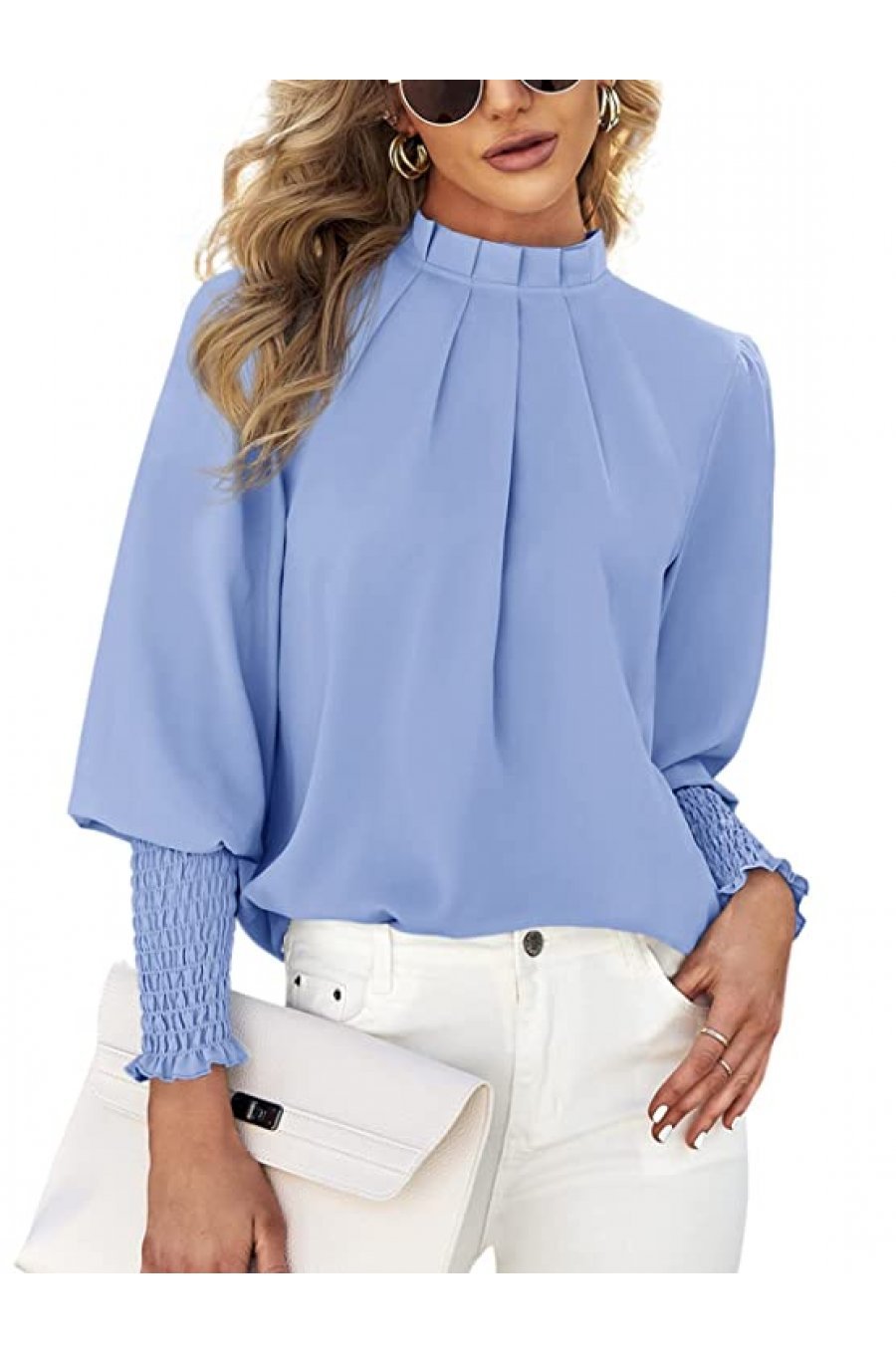 Bluza dama eleganta din voal bleu, cu maneca lunga, Fabia 3 - jojofashion.ro