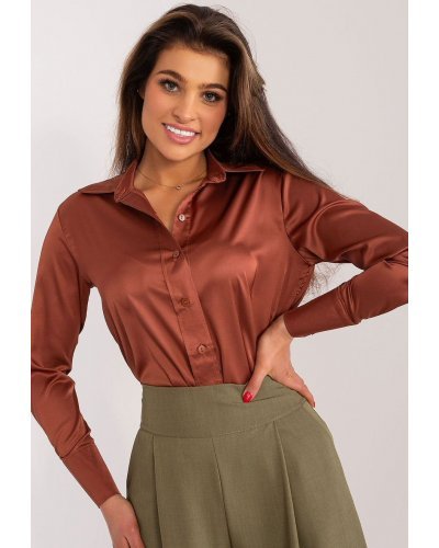 Camasi dama, Camasa dama eleganta, din bumbac satinat, maro, Ludmilla - jojofashion.ro