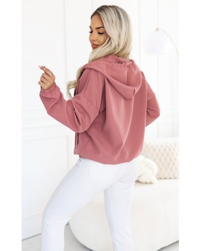 Bluze dama, Hanorac dama roz prafuit cu gluga si buzunare Maja - jojofashion.ro