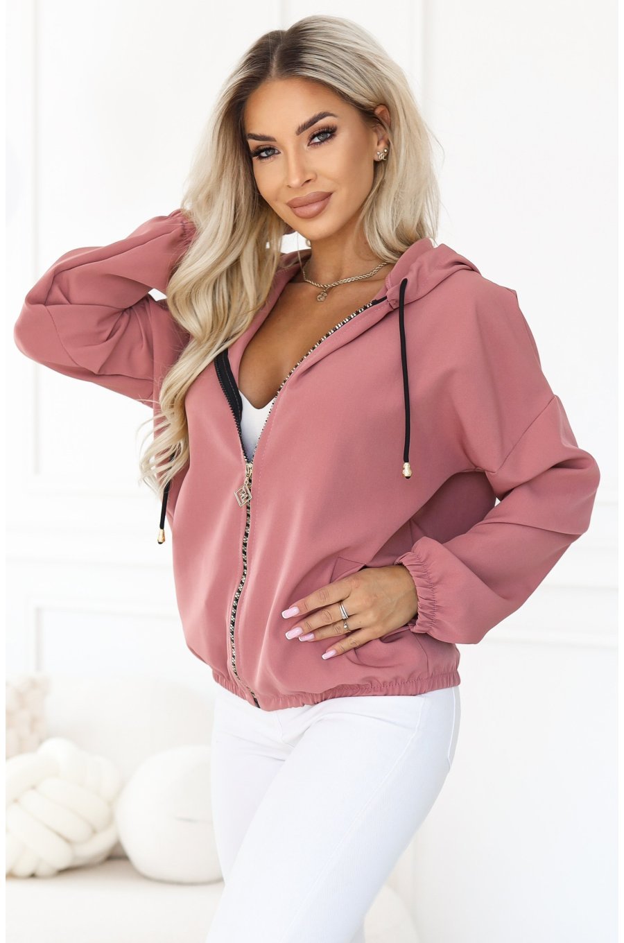 Hanorac dama roz prafuit cu gluga si buzunare Maja 5 - jojofashion.ro