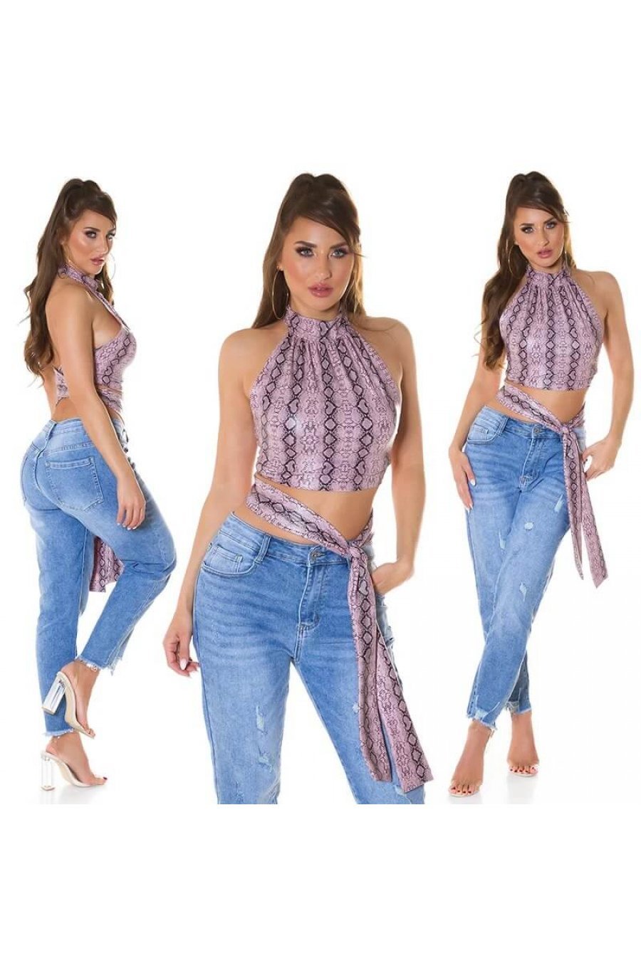 Top crop dama animal print snake roz cu guler inalt Valerie 6 - jojofashion.ro