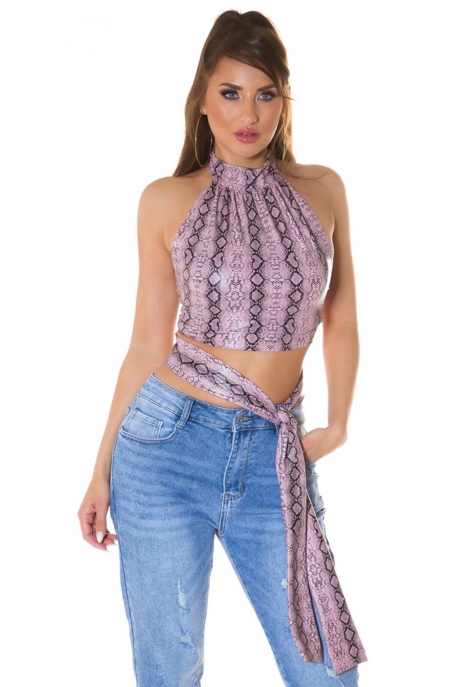 Top crop dama animal print snake roz cu guler inalt Valerie 1 - jojofashion.ro