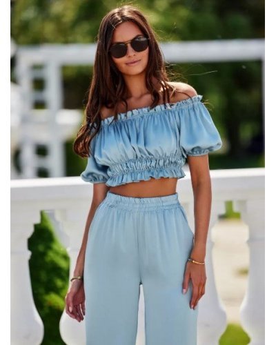 Bluza crop de dama, bleu menta, din satin, incretita, MarbellaR Bluze dama, Bluza crop de dama, bleu menta, din satin, incretita, MarbellaR - jojofashion.ro