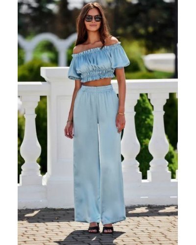 Bluza crop de dama, bleu menta, din satin, incretita, MarbellaR Bluze dama, Bluza crop de dama, bleu menta, din satin, incretita, MarbellaR - jojofashion.ro