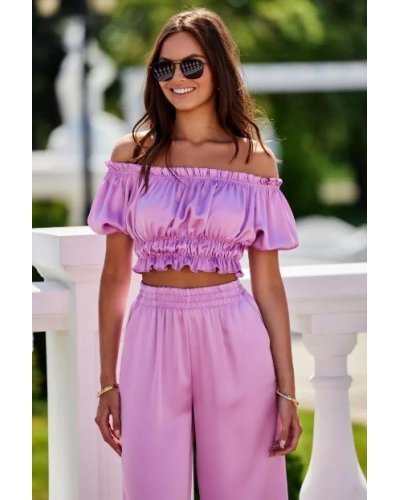 Bluza crop de dama, lila, din satin, incretita, MarbellaR Bluze dama, Bluza crop de dama, lila, din satin, incretita, MarbellaR - jojofashion.ro