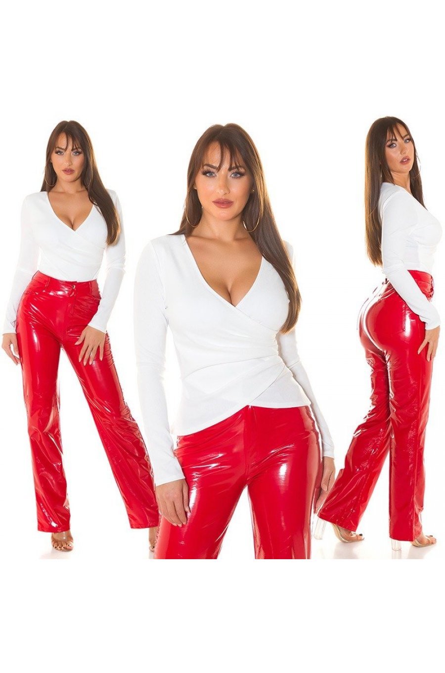Tinuta bluza alba cu maneca lunga si pantaloni rosii evazati din latex Ambrozia 1 - jojofashion.ro