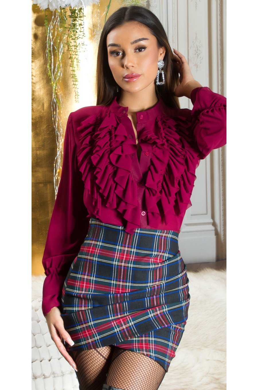 Bluza dama, burgundy, cu volane pe bust si maneca lunga, Azucena Bluza dama, burgundy, cu volane pe bust si maneca lunga, Azucena 2 - jojofashion.ro