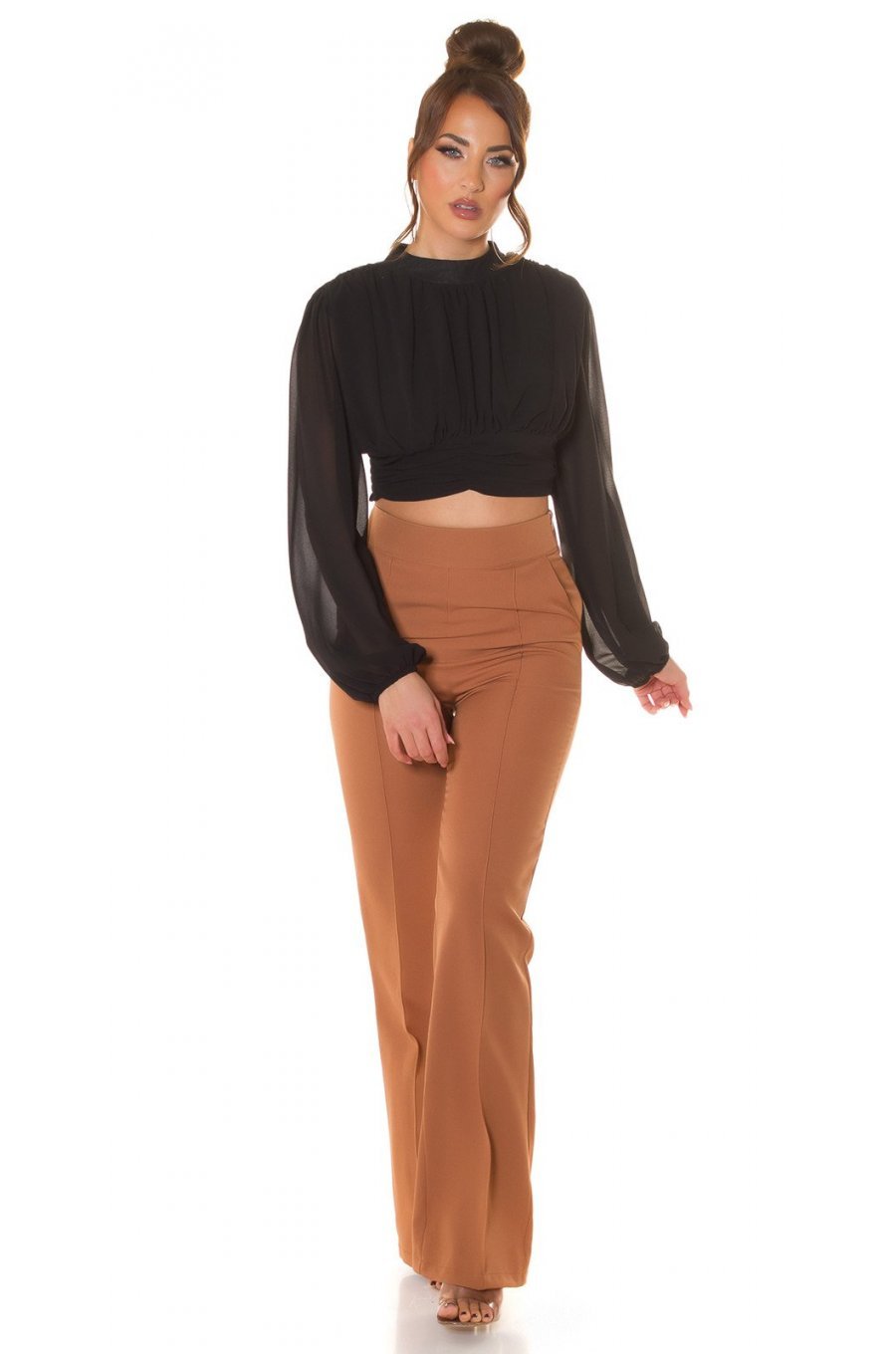 Bluza dama crop, eleganta, din vascoza neagra, cu maneca lunga, Camelia 3 - jojofashion.ro