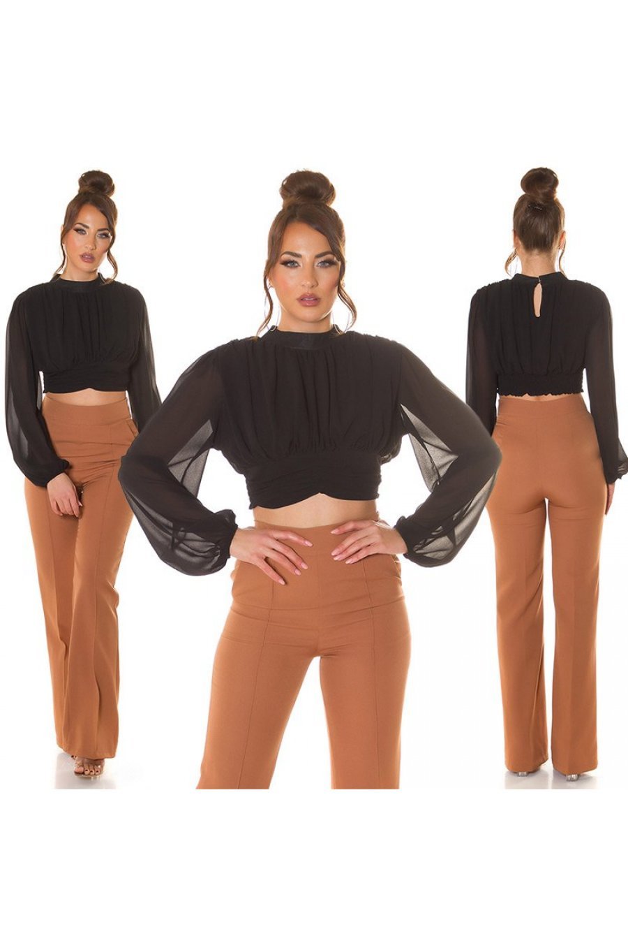 Bluza dama crop, eleganta, din vascoza neagra, cu maneca lunga, Camelia 6 - jojofashion.ro