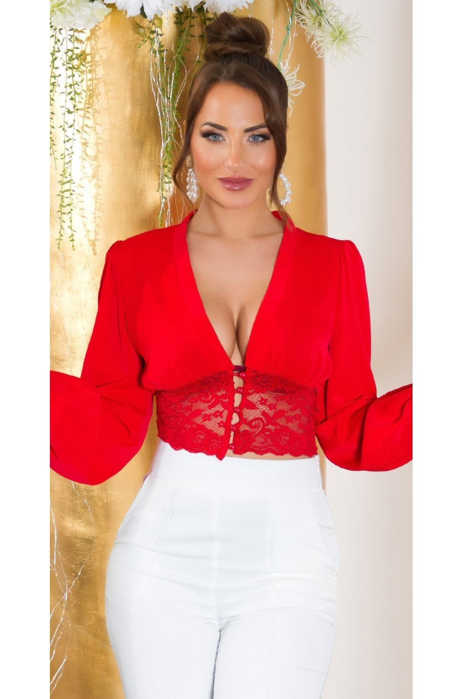 Bluza dama crop eleganta rosie, cu dantela si maneca lunga, Ami Bluza dama crop eleganta rosie, cu dantela si maneca lunga, Ami 1 - jojofashion.ro