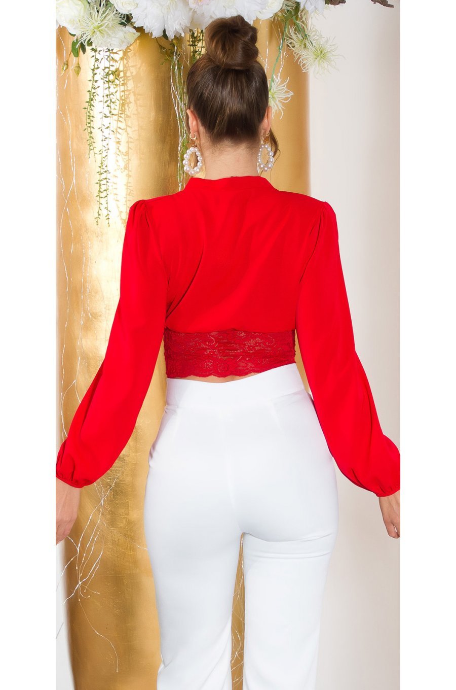 Bluza dama crop eleganta rosie, cu dantela si maneca lunga, Ami Bluza dama crop eleganta rosie, cu dantela si maneca lunga, Ami 2 - jojofashion.ro