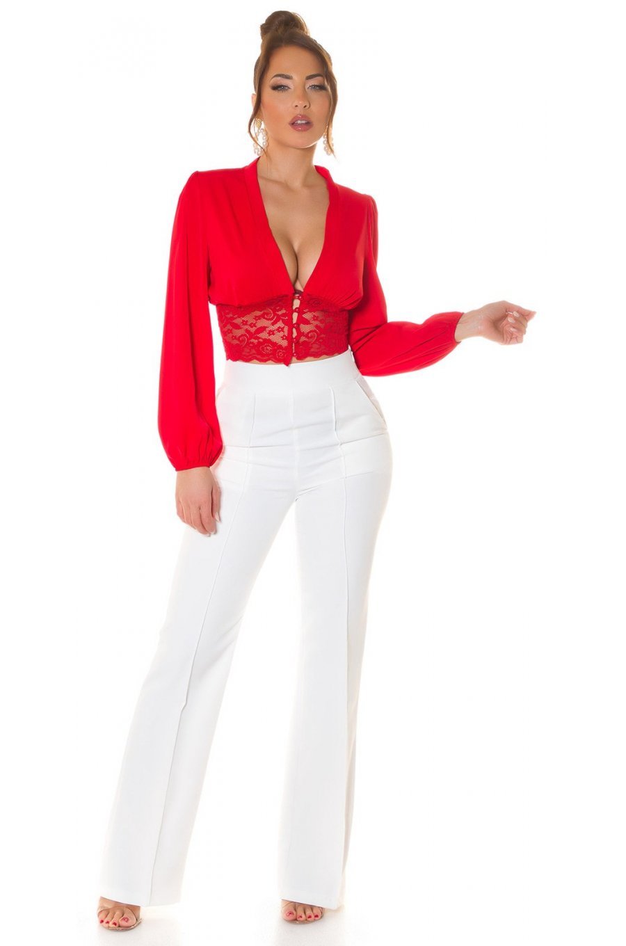 Bluza dama crop eleganta rosie, cu dantela si maneca lunga, Ami Bluza dama crop eleganta rosie, cu dantela si maneca lunga, Ami 3 - jojofashion.ro