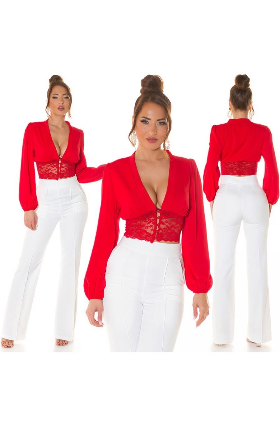 Bluza dama crop eleganta rosie, cu dantela si maneca lunga, Ami Bluza dama crop eleganta rosie, cu dantela si maneca lunga, Ami 5 - jojofashion.ro