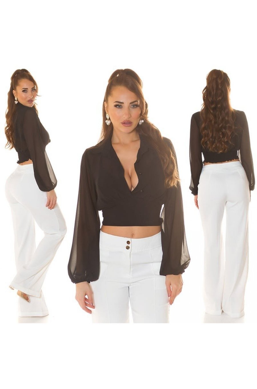 Bluza dama crop, neagra, vaporoasa, cu maneca lunga, Rosalinde 7 - jojofashion.ro