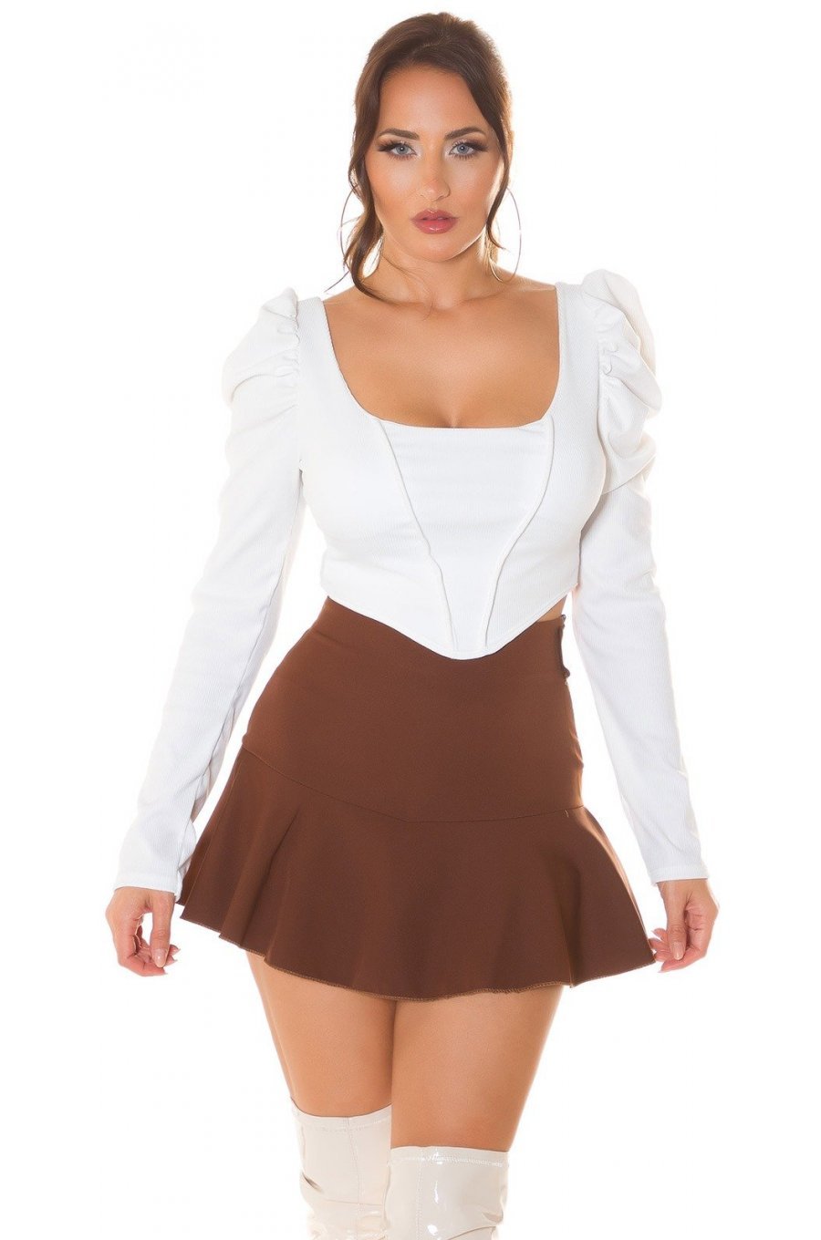 Bluza dama crop stil corset, alba, cu maneca lunga, Josephine Bluza dama crop stil corset, alba, cu maneca lunga, Josephine 1 - jojofashion.ro