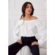 Bluza dama cu floare, din satin, alba, cu umerii goi si maneca lunga, RosieR Bluza dama cu floare, din satin, alba, cu umerii goi si maneca lunga, RosieR 2 - jojofashion.ro