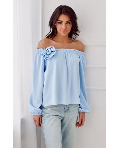 Bluza dama cu floare, din satin, baby blue, cu umerii goi si maneca lunga, RosieR Bluze dama, Bluza dama cu floare, din satin, baby blue, cu umerii goi si maneca lunga, RosieR - jojofashion.ro