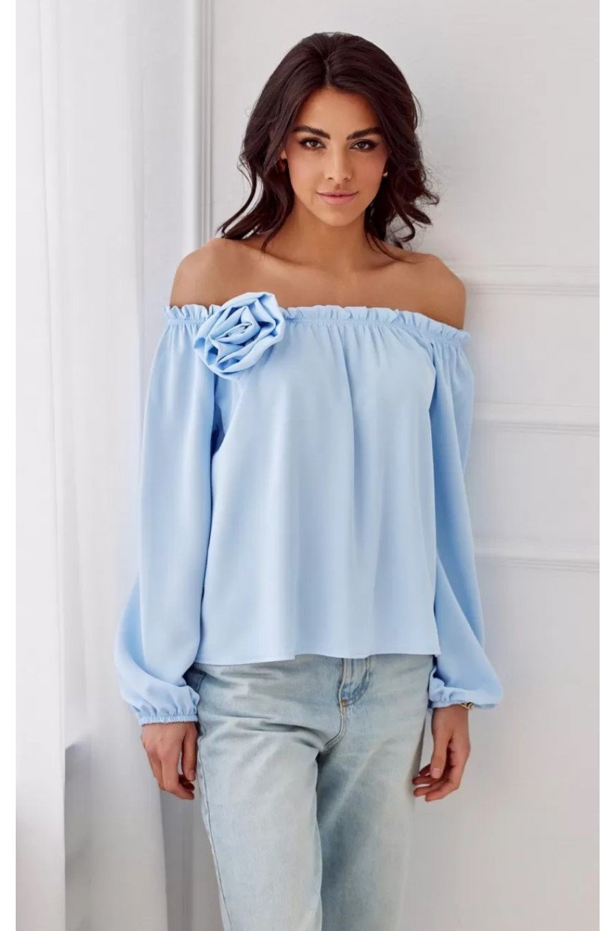 Bluza dama cu floare, din satin, baby blue, cu umerii goi si maneca lunga, RosieR 1 - jojofashion.ro