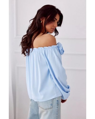 Bluza dama cu floare, din satin, baby blue, cu umerii goi si maneca lunga, RosieR Bluze dama, Bluza dama cu floare, din satin, baby blue, cu umerii goi si maneca lunga, RosieR - jojofashion.ro
