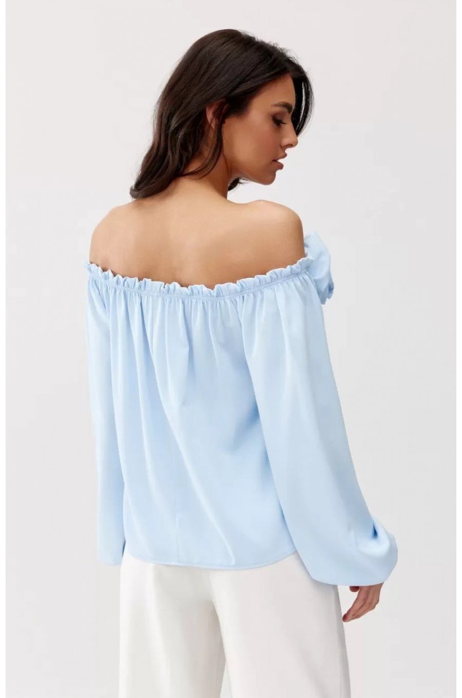 Bluza dama cu floare, din satin, baby blue, cu umerii goi si maneca lunga, RosieR 3 - jojofashion.ro
