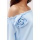 Bluza dama cu floare, din satin, baby blue, cu umerii goi si maneca lunga, RosieR 5 - jojofashion.ro