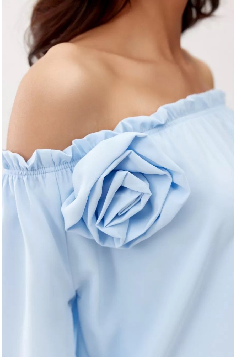 Bluza dama cu floare, din satin, baby blue, cu umerii goi si maneca lunga, RosieR 4 - jojofashion.ro