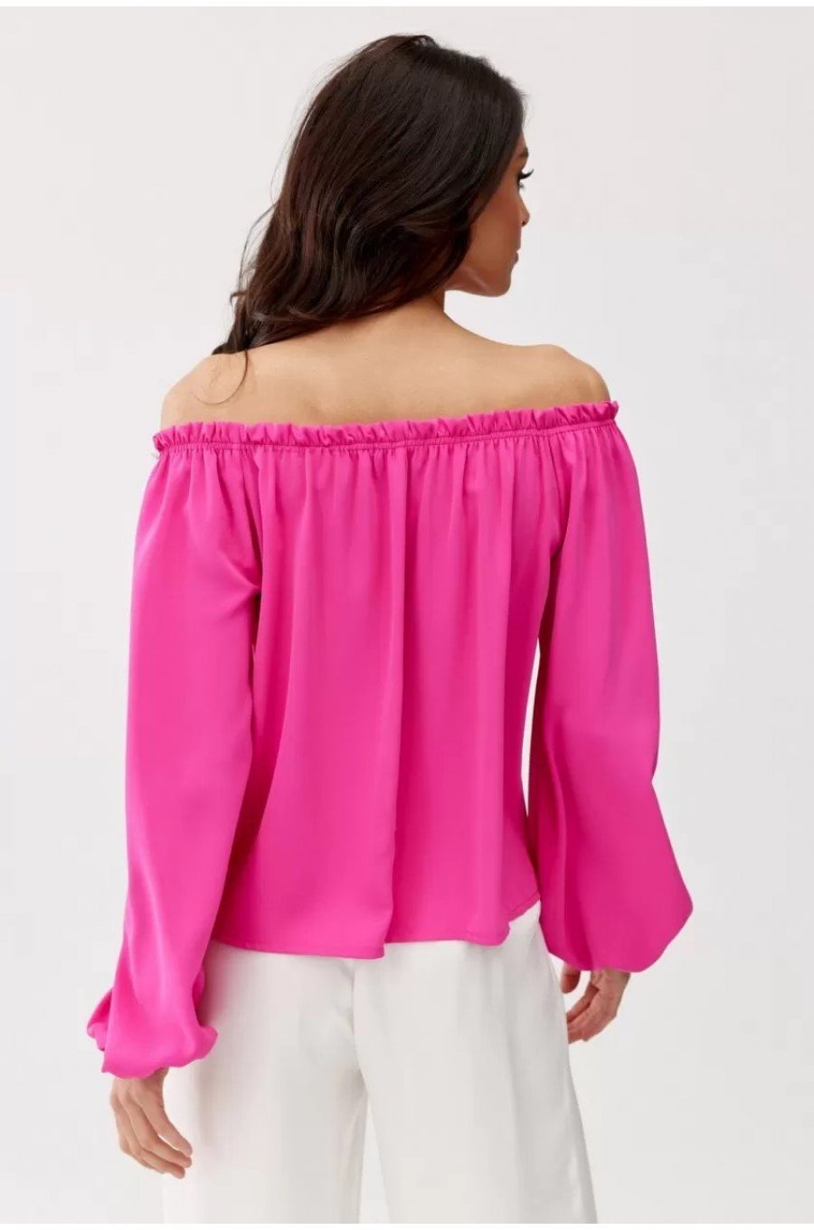Bluza dama cu floare, din satin, roz fucsia, cu umerii goi si maneca lunga, RosieR 3 - jojofashion.ro