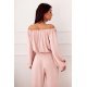 Bluza dama cu floare, din satin, roz pudra, cu umerii goi si maneca lunga, RosieR 3 - jojofashion.ro